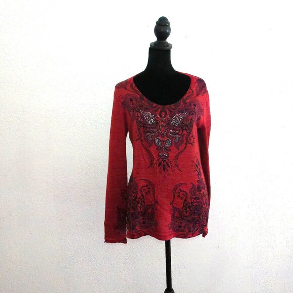 Red/black floral blouse, with tiny studs design - Picture 2 of 5